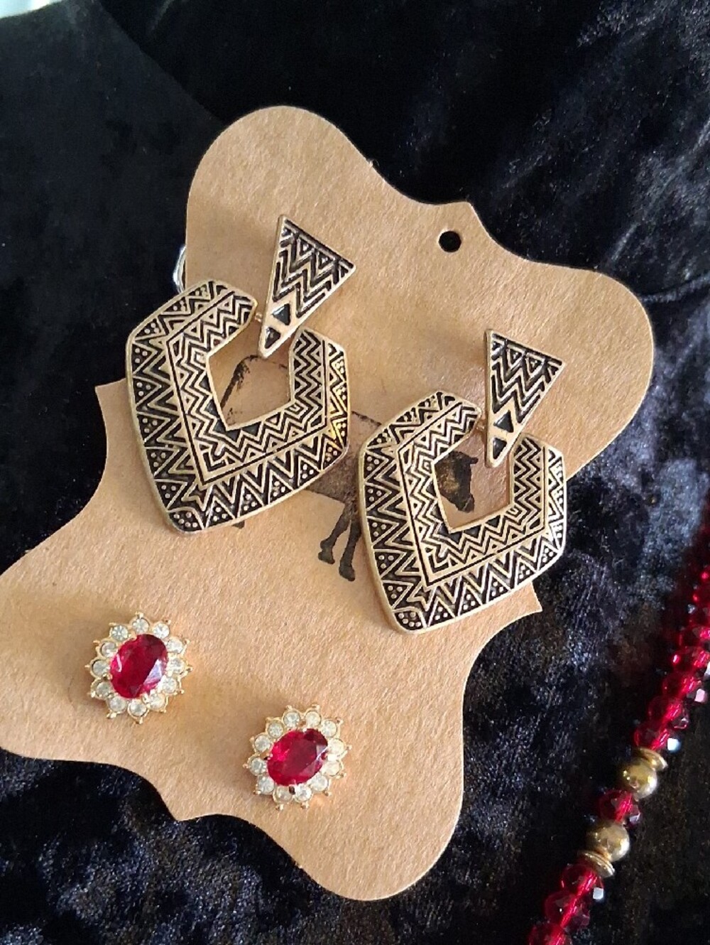 Gold & Ruby Glass Crystal Cut Beaded Tassel Necklace w Matching Earrings 32+2 In - Picture 2 of 9